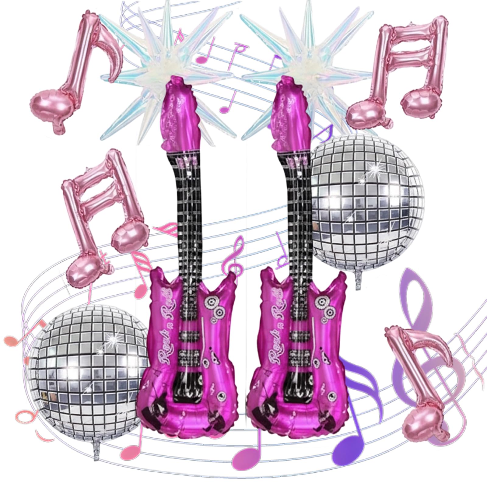 10-Piece Foil Balloon Collection with Iridescent Decorations, Disco Ball Balloons, Music Note Balloons and Blow Up Guitar Set