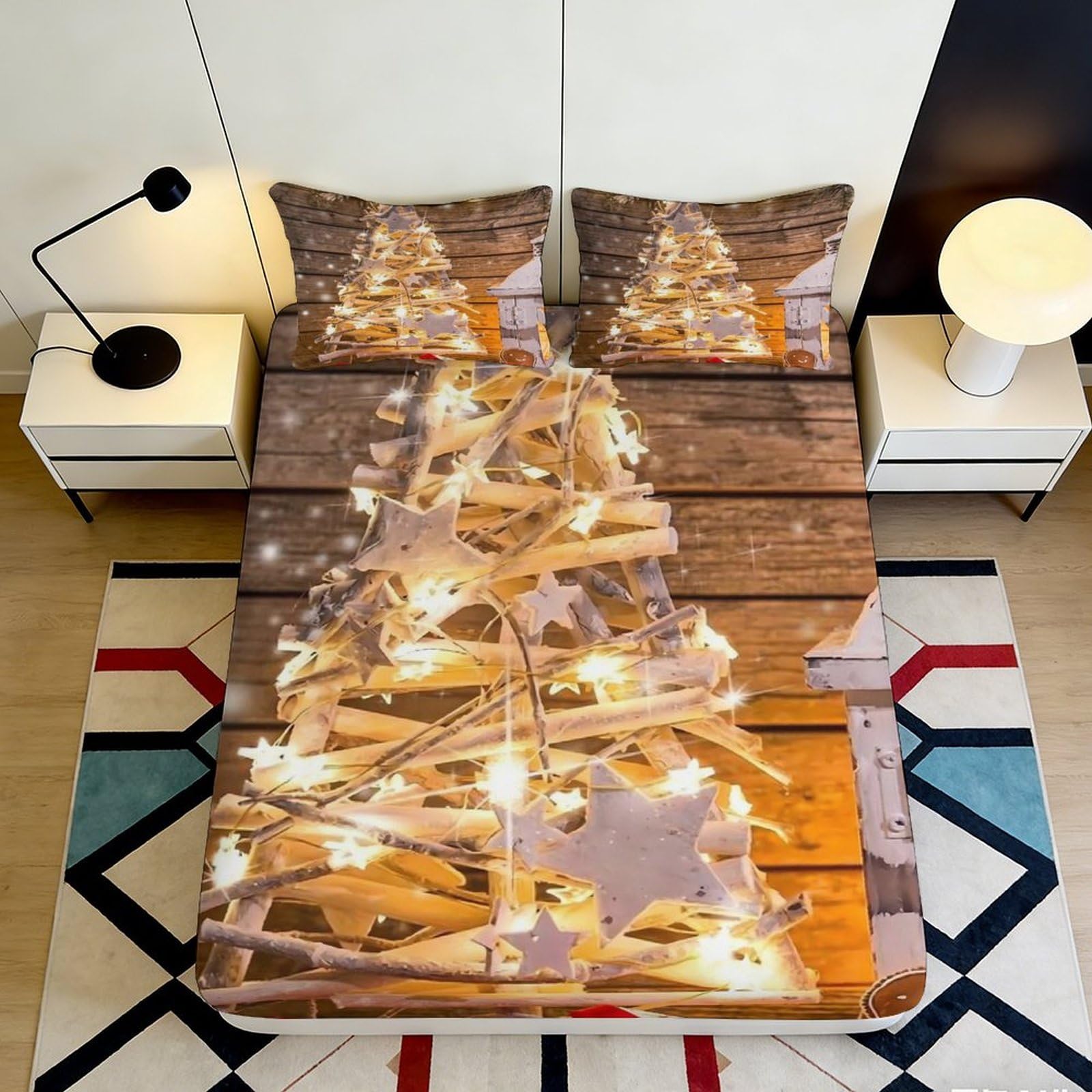 3D Printed Rustic Wood Tree Fitted Sheet Microfiber Soft Christmas Lights Bed Cover for Bedroom Guest Room Decor 90x200x25cm