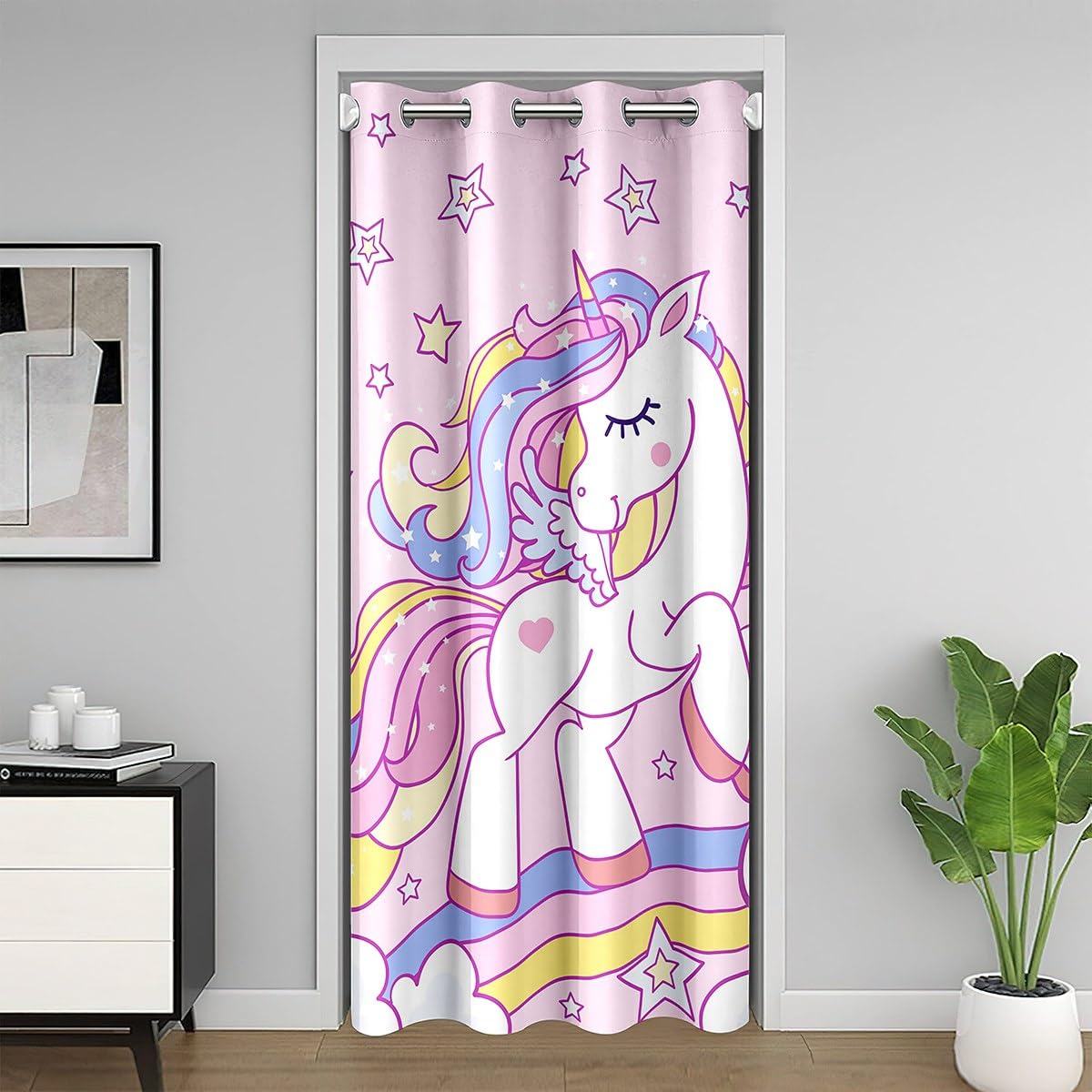 Kids Girls Unicorn Door Curtain for Privacy Cartoon Stars Rainbow Cloud Blackout Curtain for Bedroom Decor Pink Unicorn Dreamy Animal Curtain Drape for Closet Room Divider Curtain 60