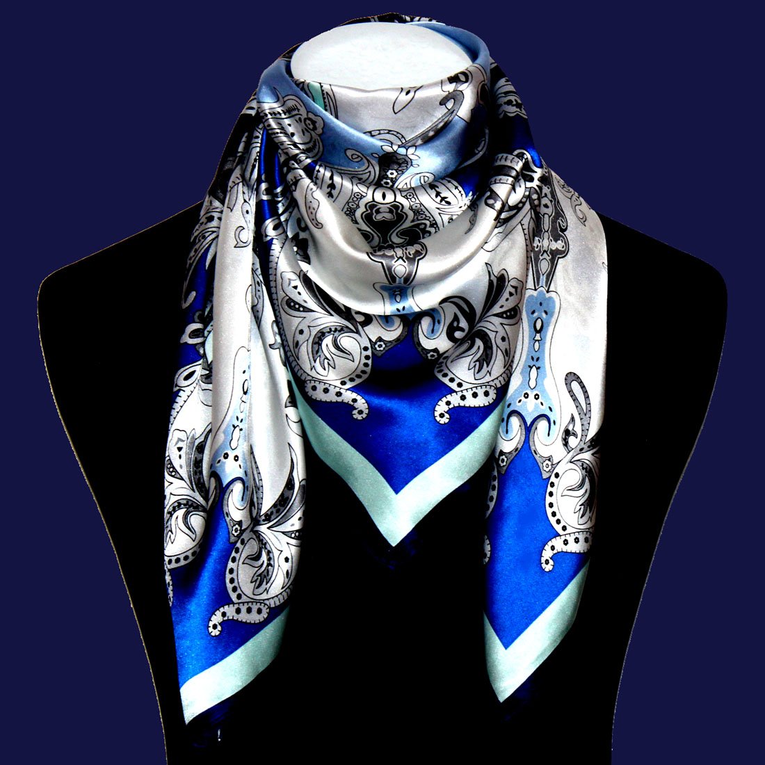 LORENZO CANA Foulard pour la femme – écharpe de 100% soie pour le printemps et l´été, carré avec les mesures de 90 x 90 cm – une sensation de luxe en bleu clair ultramarin gris blanc