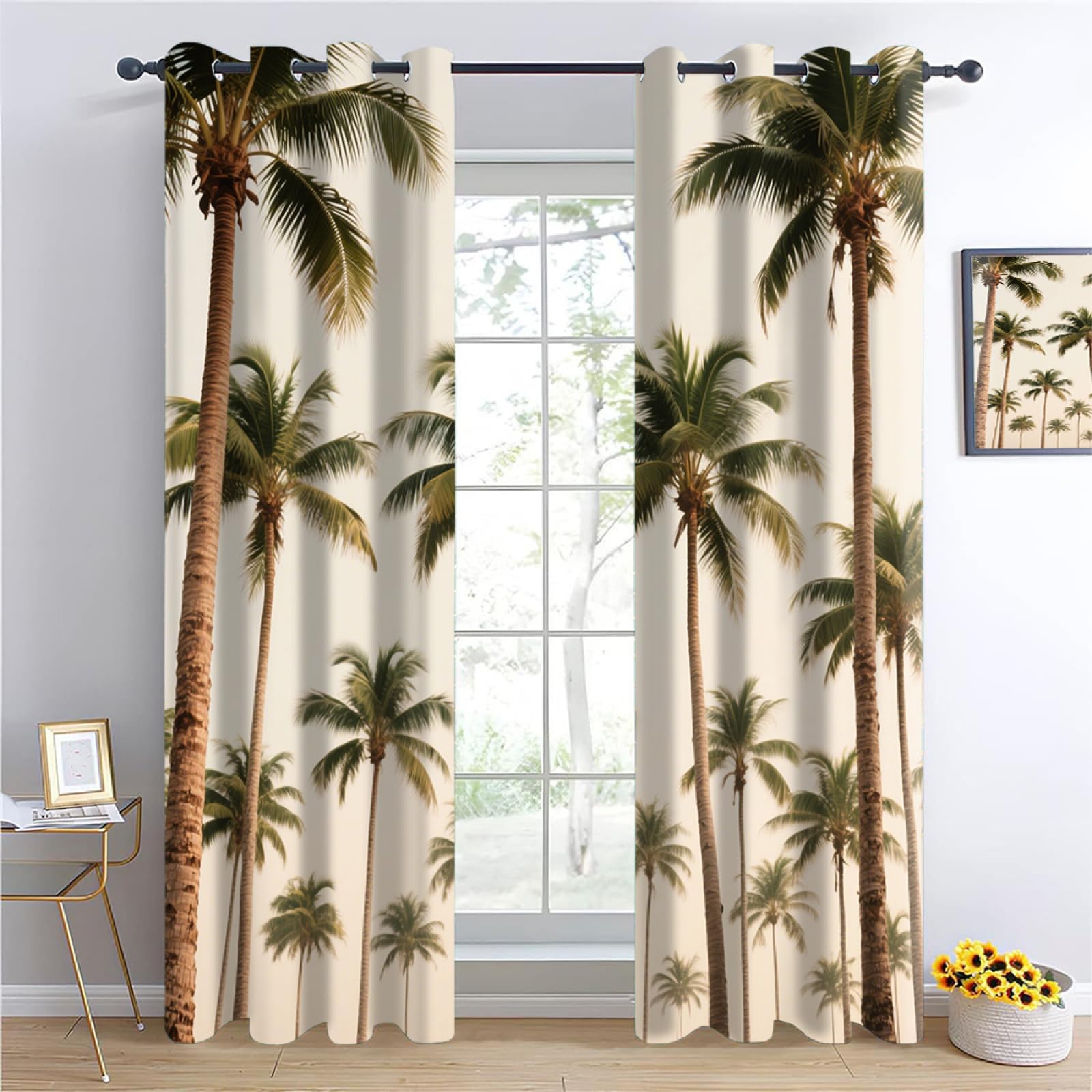 YNIOFU Tropical plants Insulated Blackout Curtains,Palm grove Bedroom Curtains, Green leaves Drapes for Kids Nursery, Tropical style Living Room Printed Noise Reducing W96 x L183cm 2 Panels
