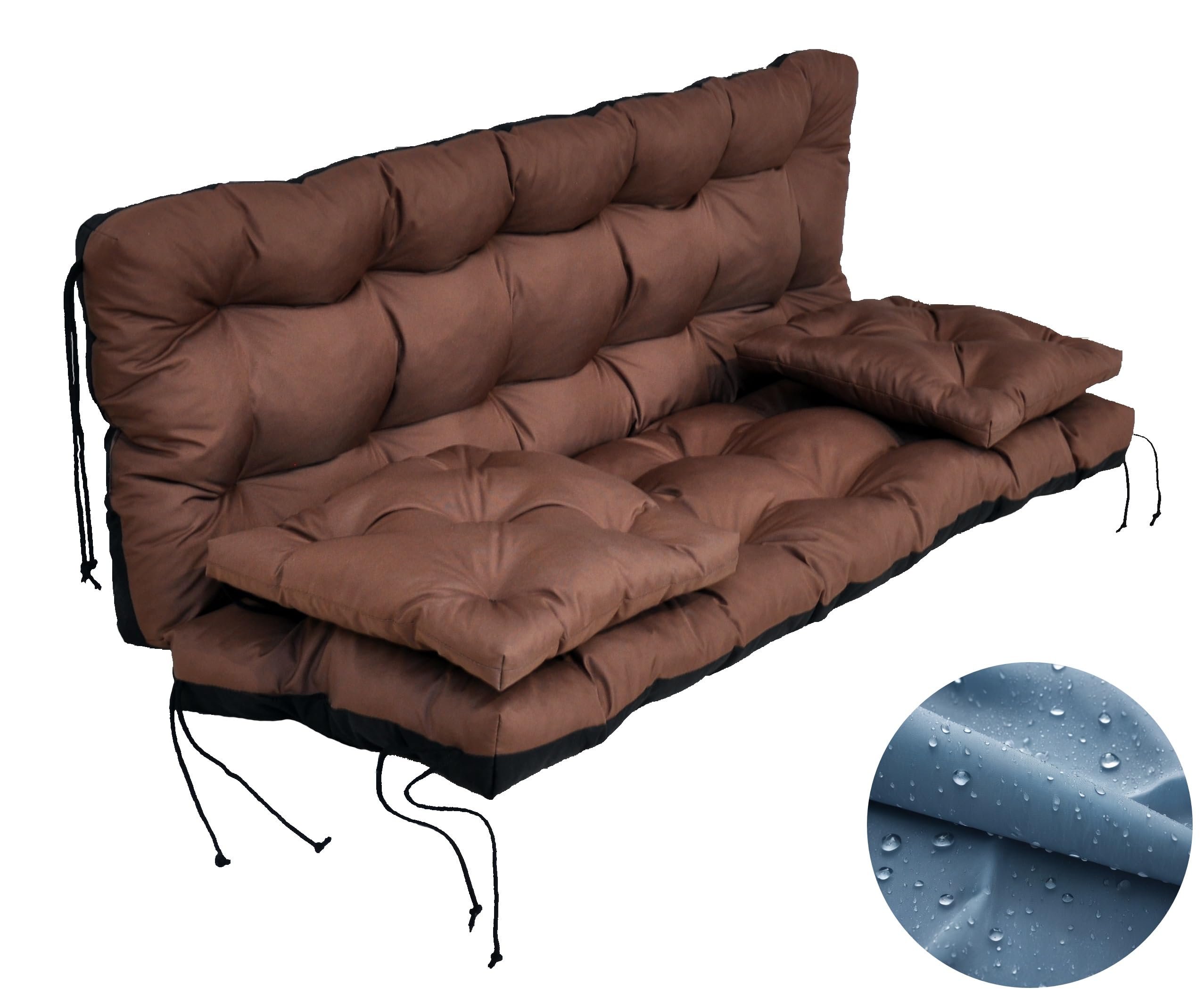 wasserabweisendes Kissen für Hollywoodschaukel & Gartenbank 120 cm - Schaukelkissen Outdoor Wetterfest, Gesteppt, Silikonkugeln + PU-Schaum Füllung – Bankauflage Gartenkissen (Braun)