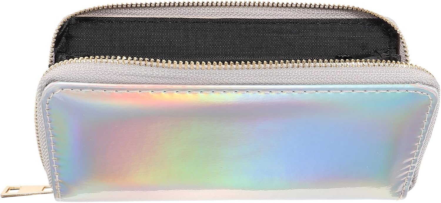 TENDYCOCO Sparking Cell Pouch Wallet Clutch Pu Women Female Coin Leather Long Wallets Credit Rainbow Portfel Shining Silver Zipper Holographic Slim Bag Purses Iridescent Girls for