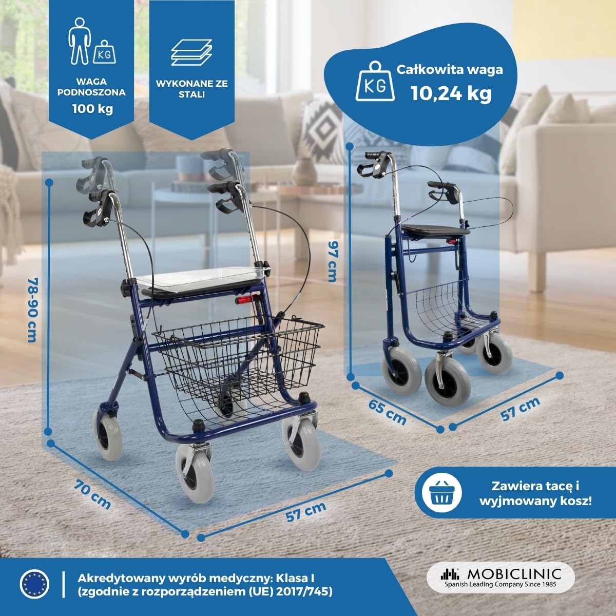 Mobiclinic, Rollator dla seniorów, Victoria, Składany, Aluminium, Regulacją wysokości, Wyściełanym siedziskiem i oparciem, Hamulce z dźwigniami, Taca kosz, Starszych, 4 kółka, Lekki