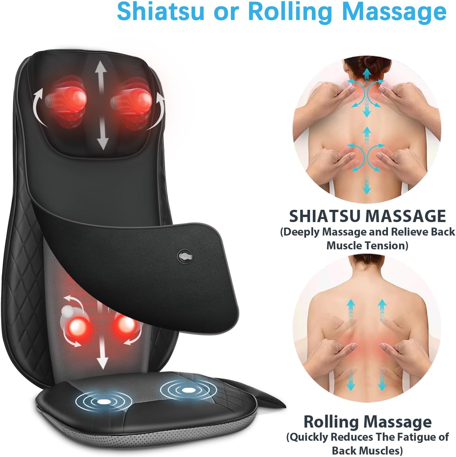 Shiatsu Neck & Back Massager with Heat, Massage Chair Pad Cushion for Stress Relief, Inflatable Flaps Back Support, Kneading or Rolling Chair Seat Massage,Ideal Gifts for Men,Women,Family