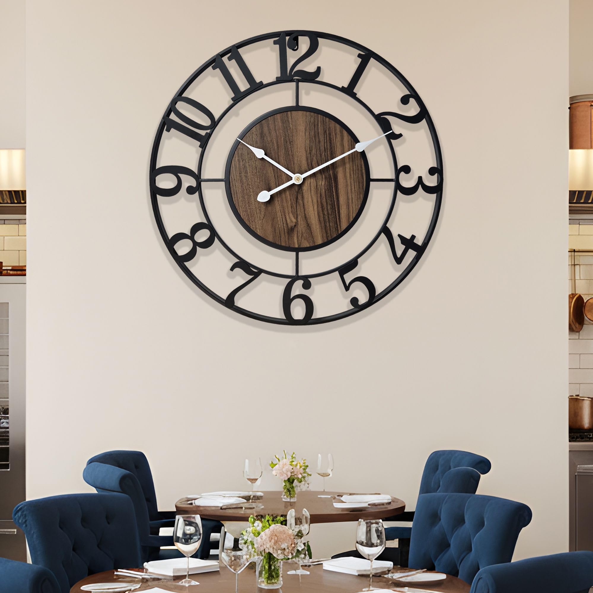 Große Wanduhr 50cm Durchmesser Vintage Design Schwarz Metall Dekorative Ohne Tickgeräusche Moderne Holz Wanduhr für Wohnzimmer, Landhaus, Schlafzimmer, Kamin, Küche, Büro & Wohnaccessoire