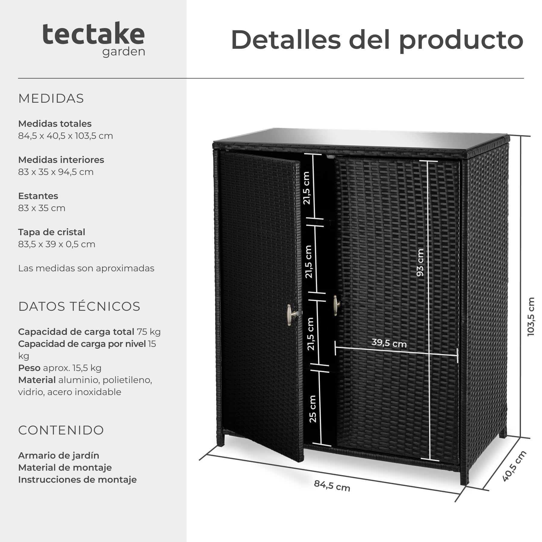 tectake® Armario de Jardín de Ratán, 4 Compartimentos, Estructura de Aluminio Inoxidable, Estantería de Exterior, Mueble Terraza Exterior, Almacenamiento, Armario Multiusos, Armario Jardin - Negro