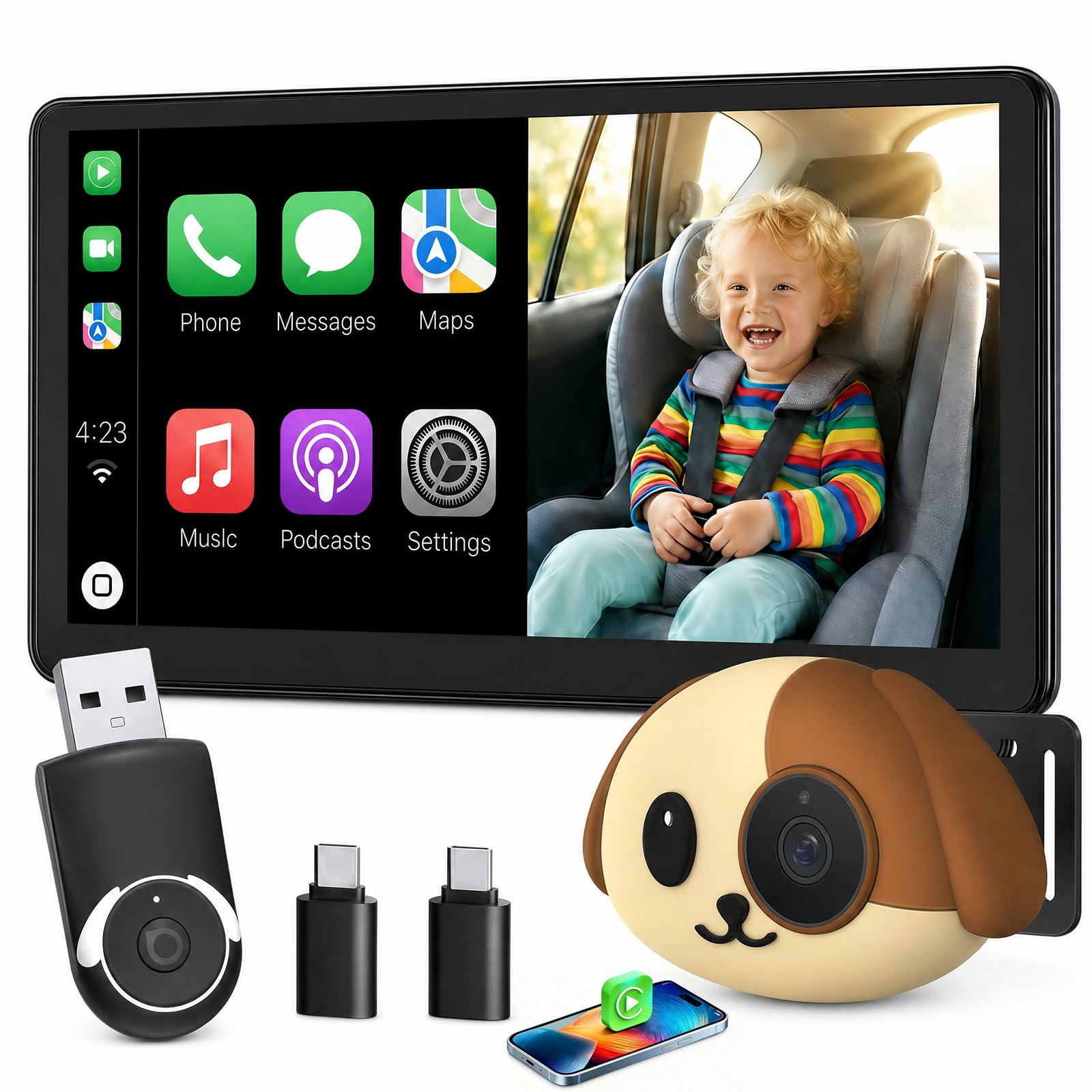 Photo 1 of *Camera missing* Castronix Cabin Care 1080P Baby Car Camera with Wireless CarPlay Adapter for iPhone Only, Real-Time Rear Seat Monitor, 150° Wide-Angle, IR Night Vision, Works with Factory Wired CarPlay (Dog)
