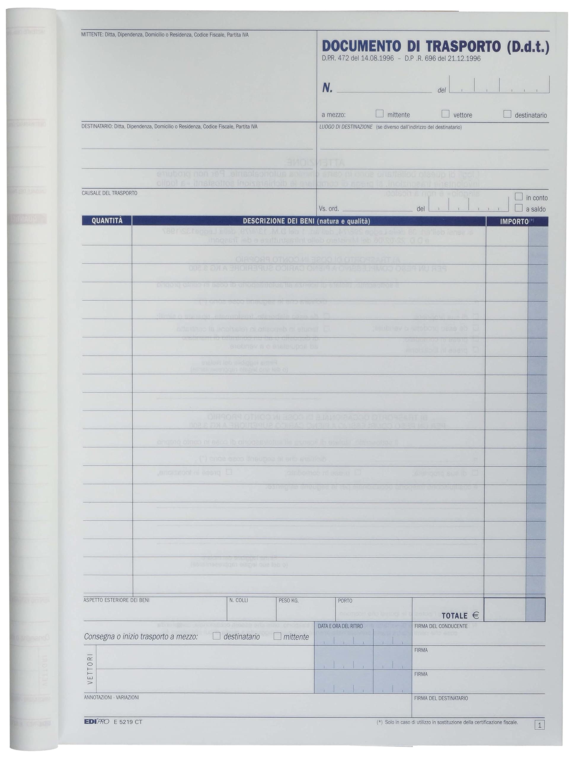 EDIPRO E5219CT Blocco documento di trasporto 33x3 autoricalcante 29.7x22