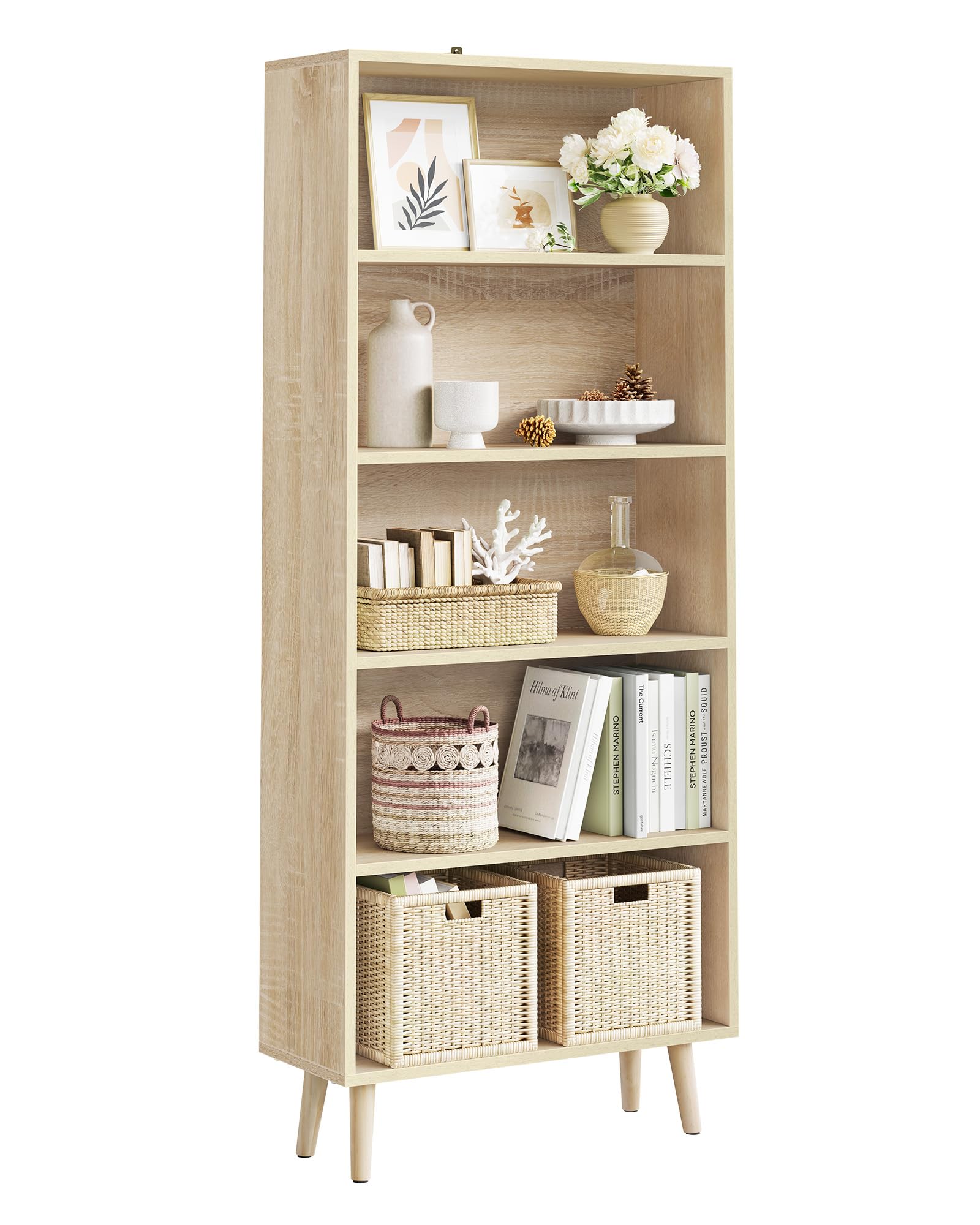 WOLTU Bücherregal Bücherschrank mit 5 Fächern, Standregal Aufbewahrungsregal Büroregal Aktenregal, offenes freistehendes Regal, für Wohnzimmer Küche Büro, helle Eiche, 60x144x24 cm, SK022hei
