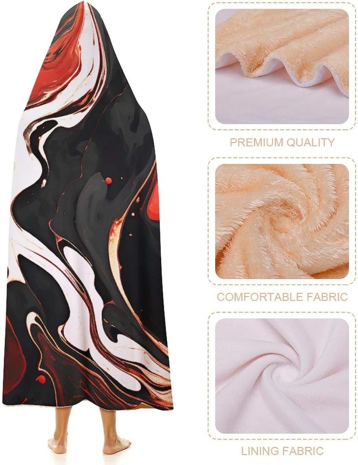 Hooded Blanket Black And Red Marble Cozy Poncho Cape Blanket Wearable Blankets Soft Hoodie Throw Cloak Wrap