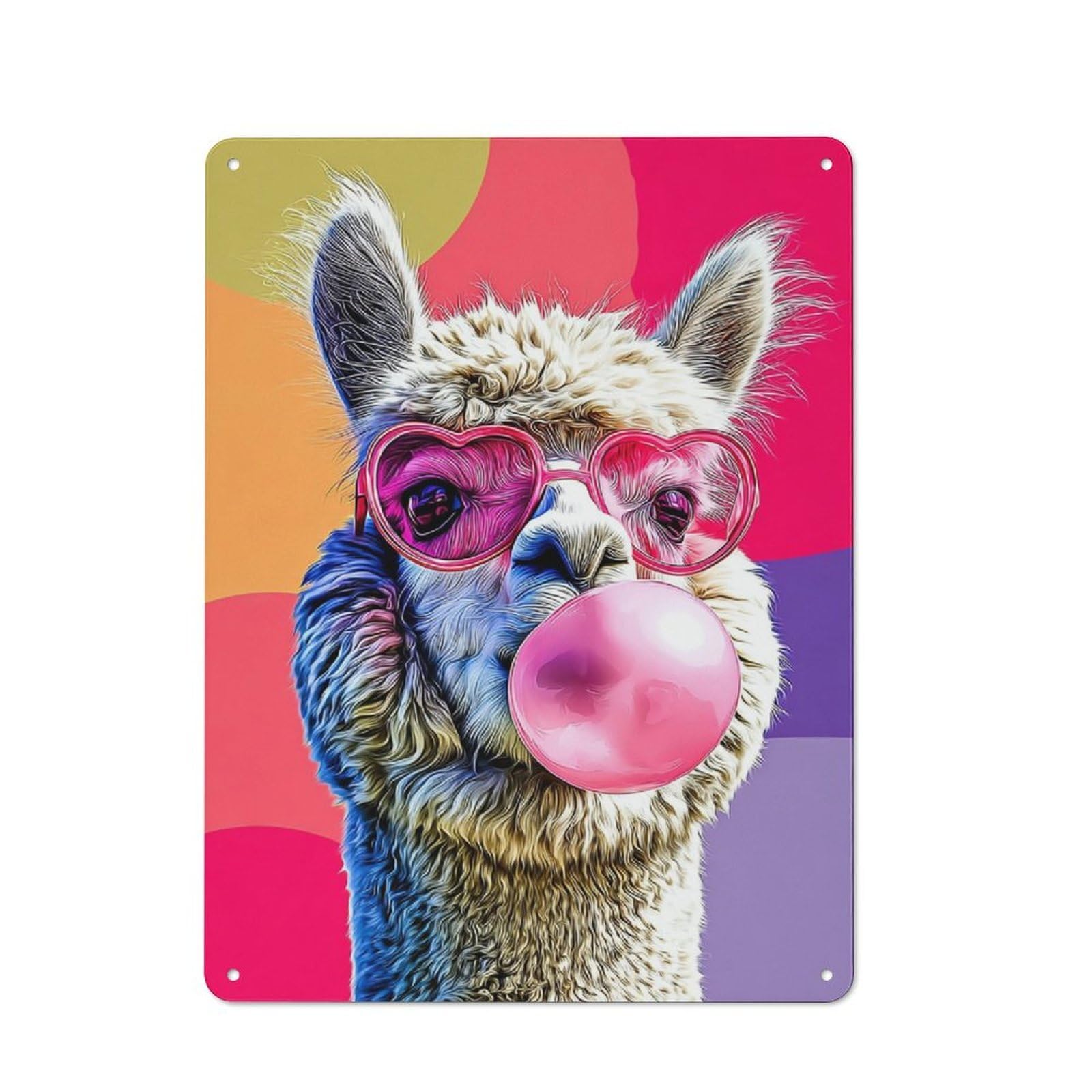 Junmoney Alpaca With Heart Glasses Blowing Bubble Gum Character Decorative Tin Plaque 40X30cm Featuring Small Space Decor For Bedroom, Kitchen, Office Or Living Room