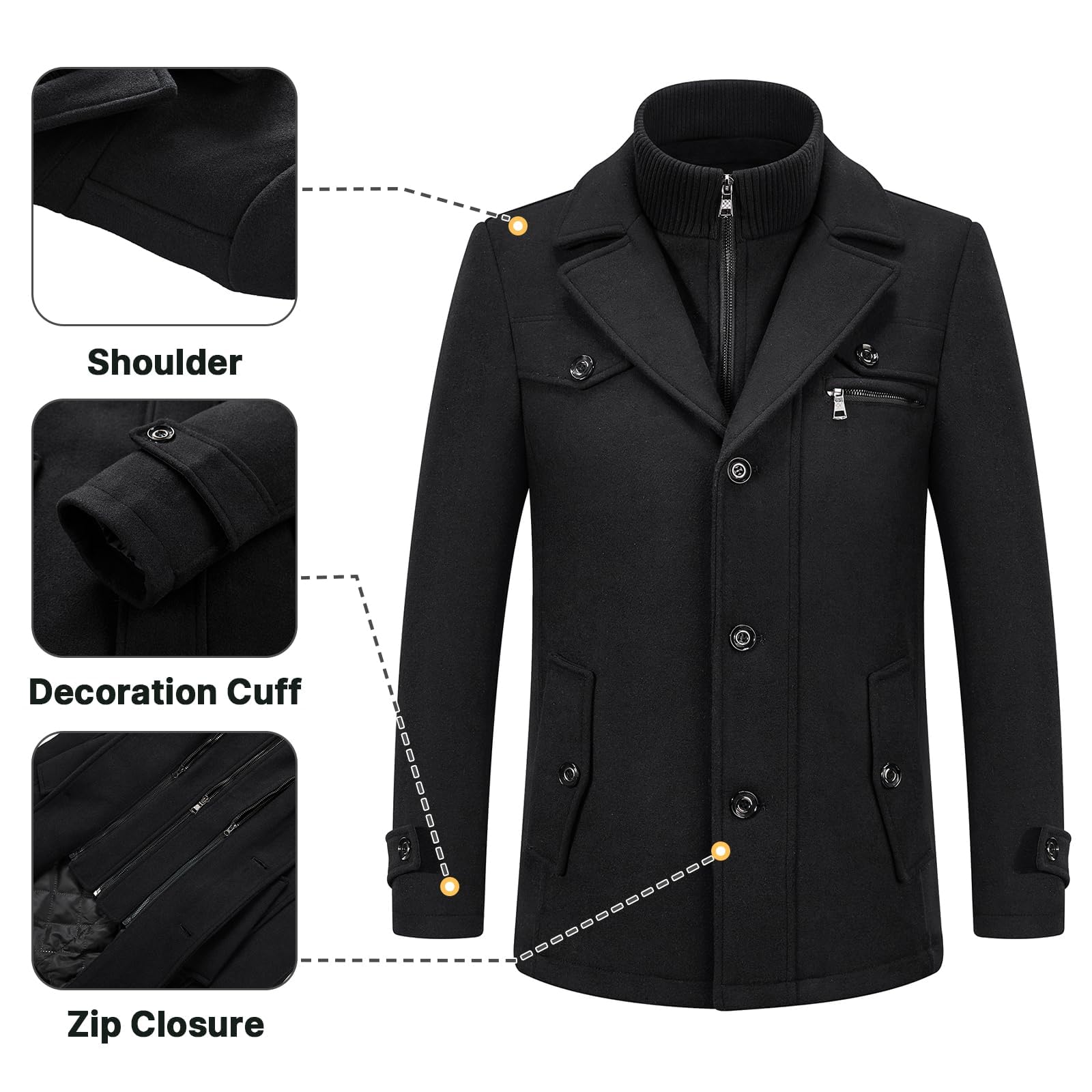 KUDORO Herren Wintermantel Wolle Kurzmantel Wollmantel Mittellang Slim Fit für Business Freizeit Winterjacke Peacoat Casual