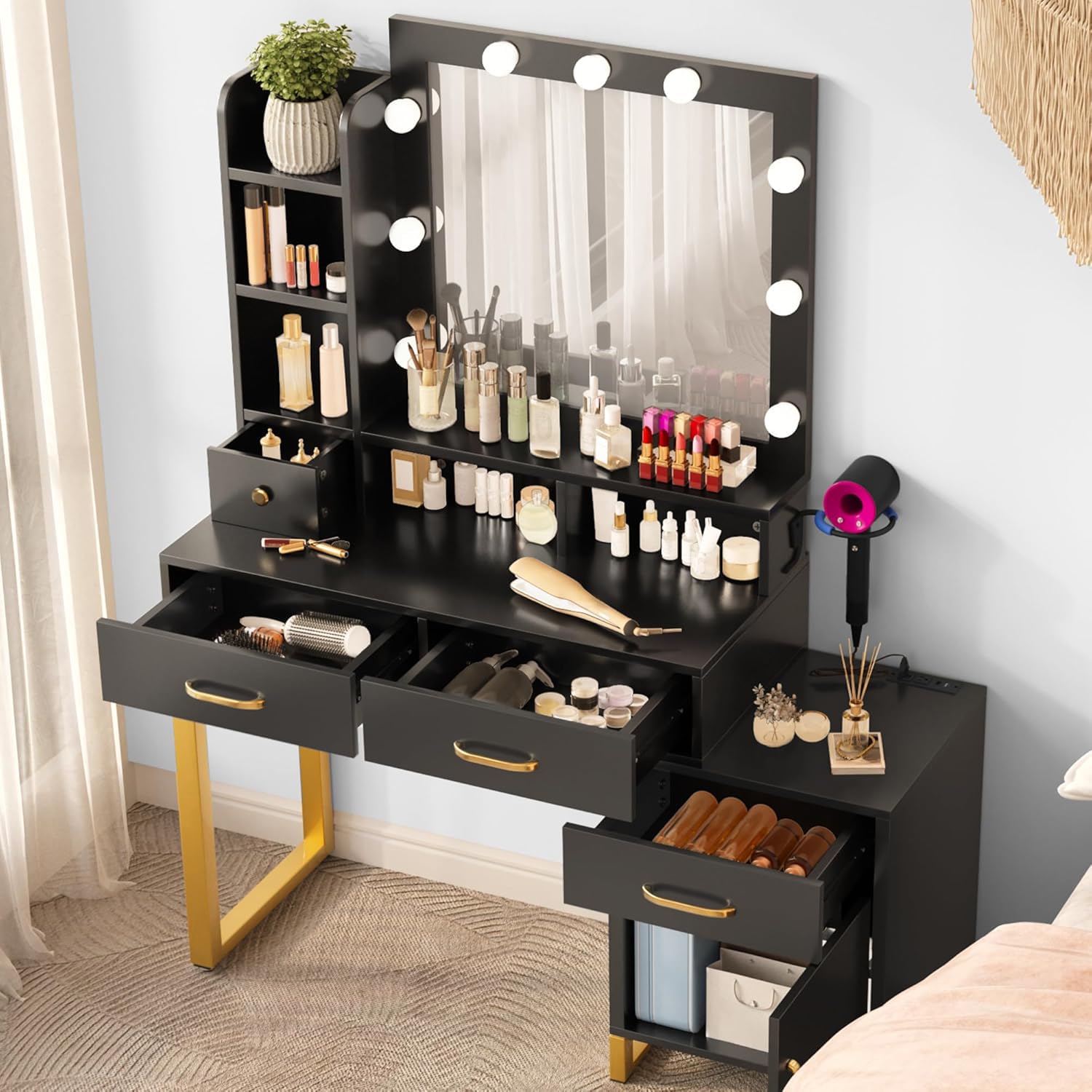 YITAHOME Makeup Vanity with Mirror and LED Lights, Dressing Table Set with Power Outlet, Vanity Desk with 4 Drawers and 5 Storage Shelves, Vanity Stool, Black