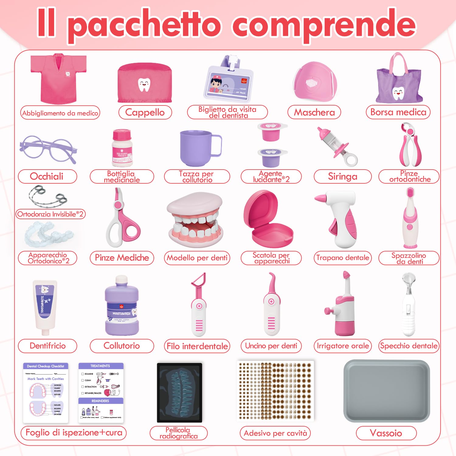 Lehoo Castle Valigetta Dottore Bambini, Kit Dentista per Giochi, Valigetta Dottoressa Bambina, Montessori per Bimbi di 3+ Anni, Ragazzi Dai 3+ Anni in Su(Rosa)
