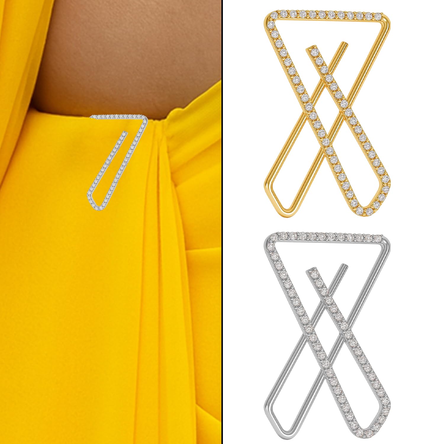 VAMA FASHIONS Gold & Silver Plated X Shape Saree Safety Pin Brooch Combo Anti-Tarnish Designer Brooch Set Sparkling Rhinestonefor Sari Pleats Dupatta Hijab Chunni Pallu Dresses Women & Girls 3