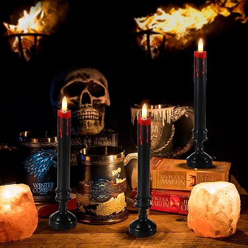 Miniatura 3 de Sratte 12 juegos de velas LED sin llama con control remoto y portavelas, funciona con pilas, velas de lágrimas de vampiro, decoración espeluznante y