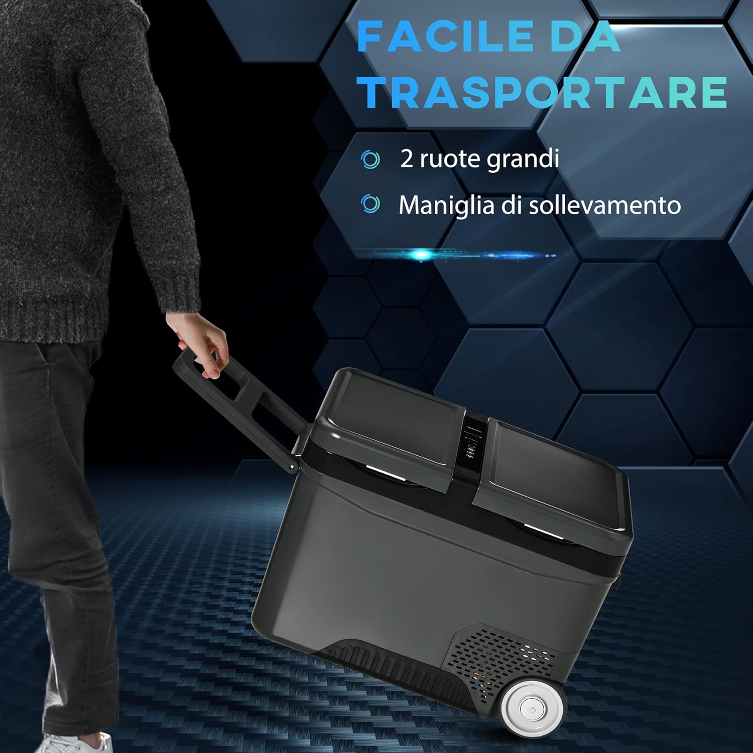 Outsunny Frigo Portatile Elettrico a Compressore con Maniglia Telescopica e Ruote, Frigorifero Piccolo da 12/24V DC e 110/240V AC, per Auto e Camion