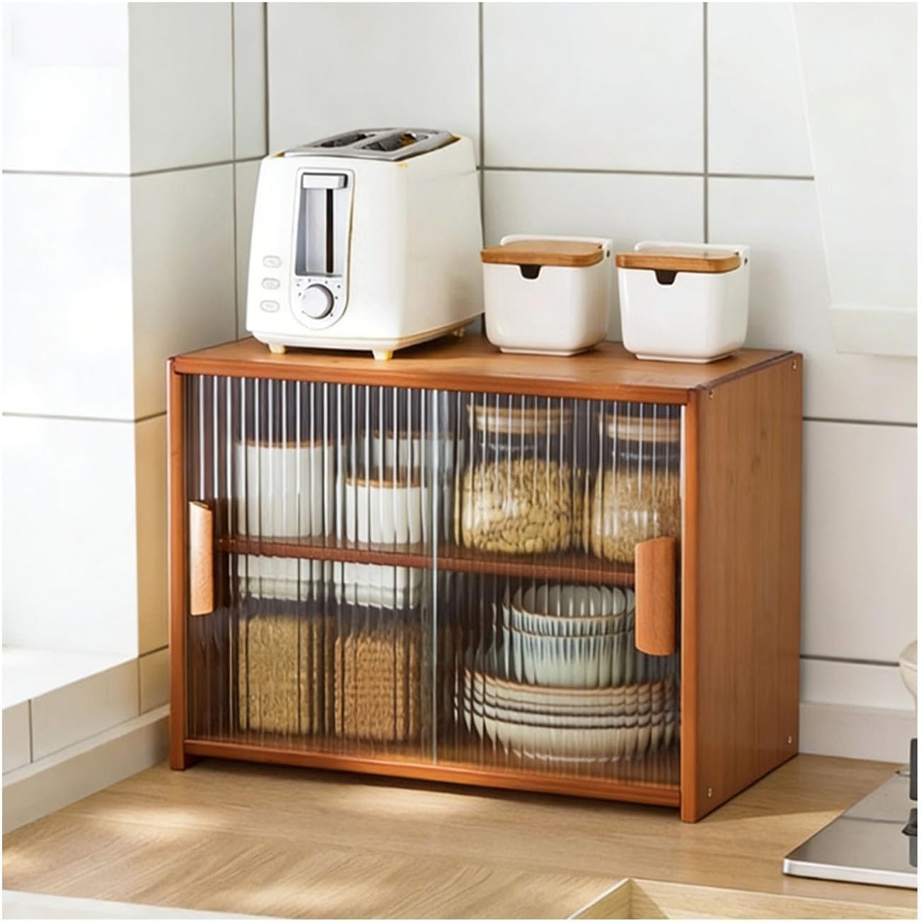 Bamboo Kitchen Countertop Cabinet with Sliding Glass Doors, Adjustable Shelf Organizer for Pantry, Freestanding Storage Cabinet for Dining Room Kitchen(Brown,45x34x28cm/18x13x11in)