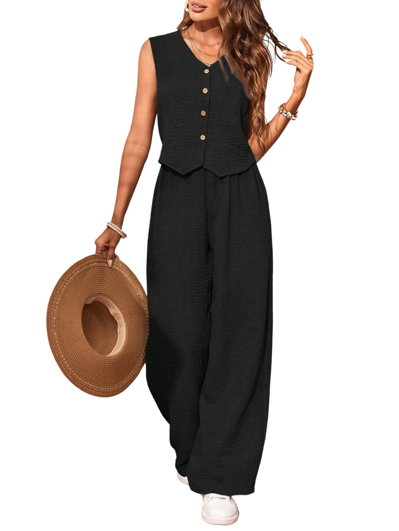 SweatyRocks Damen Zweiteiler Hosen Set Sommer Freizeitanzug mit Weste Bluse und Weite Hose Büro Casualanzug Urlaub Outfits