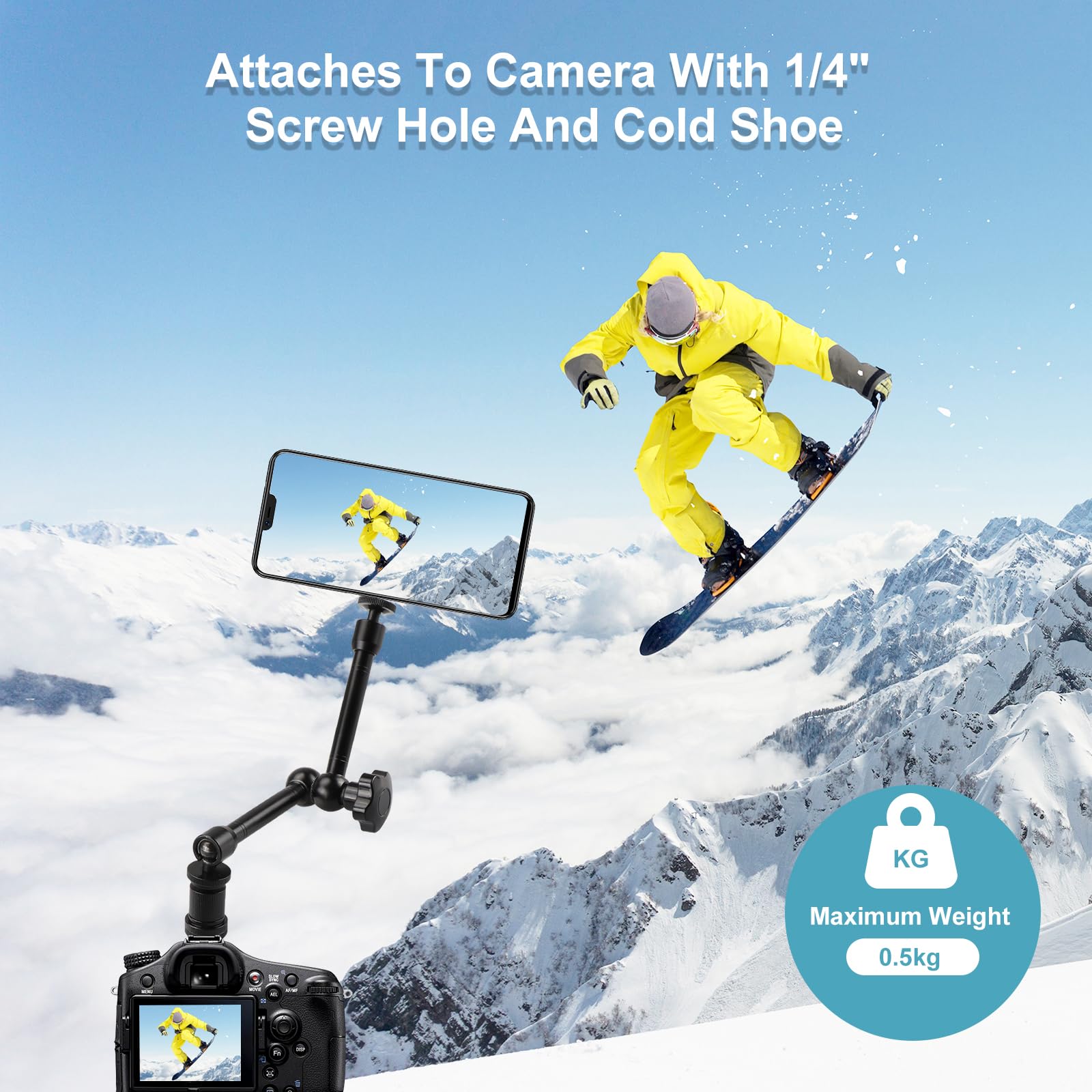 11 Zoll Verstellbarer Gelenkarm Magic Arm, Super Clamp mit 1/4" und 3/8" Schraubenlöchern und Einer Doppelloch-Telefonhalterung für Foto, Video und Kameraausrüstung