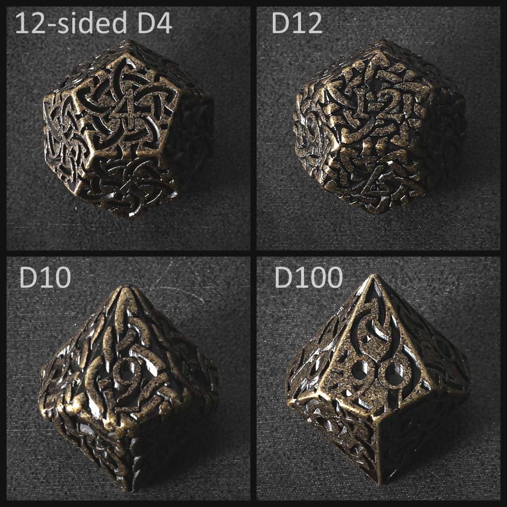 Tarnished Gold Endless Destruction Dice 7 Piece Polyhedral Metal Dice Set Celtic Knots Extra Heavy & Large for DND DnD5e TTRPG Tabletop RPG Dice Ranger Barbarian Druid Rogue Dice