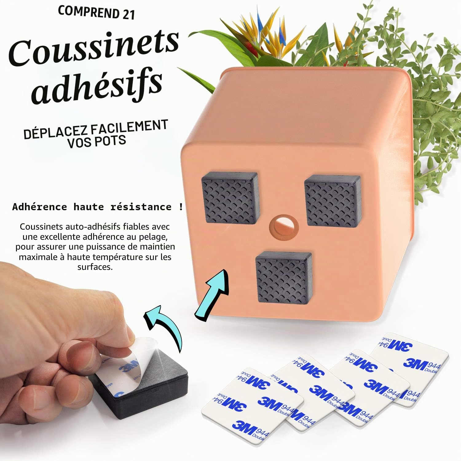 Pieds de Pot Invisibles Garden Gecko pour Pots de Fleurs et Pots d'extérieur, rehausseurs carrés antidérapants en Caoutchouc | 21 Pieds de Pot + 21 Patins adhésifs