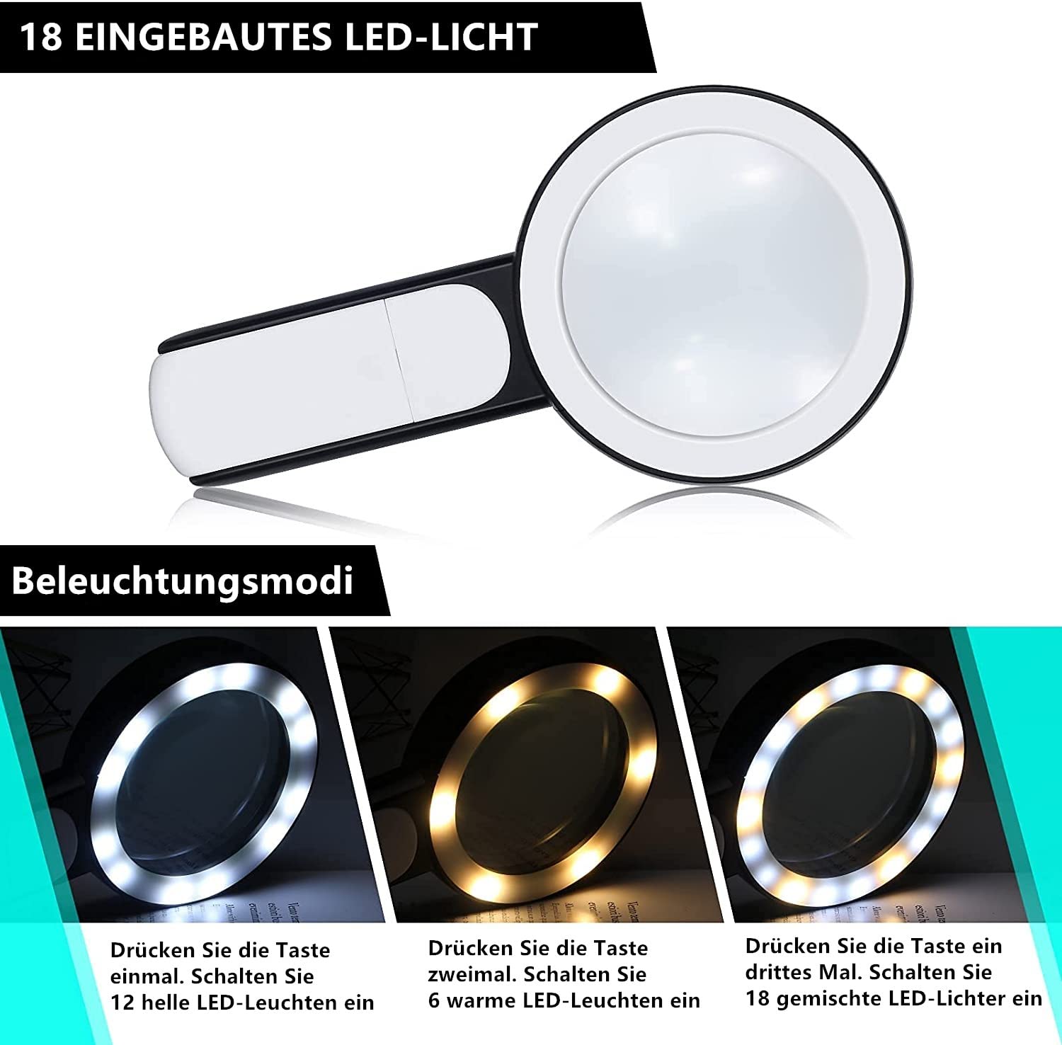 Voarge Magnifying Glass with 18 LED Light 30X Handheld Magnifying Glass with 3 Lighting Modes - Image 4