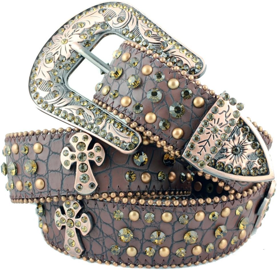 DF BROWN Cross Western Rhinestone Bling Studded Removable Buckle Belt