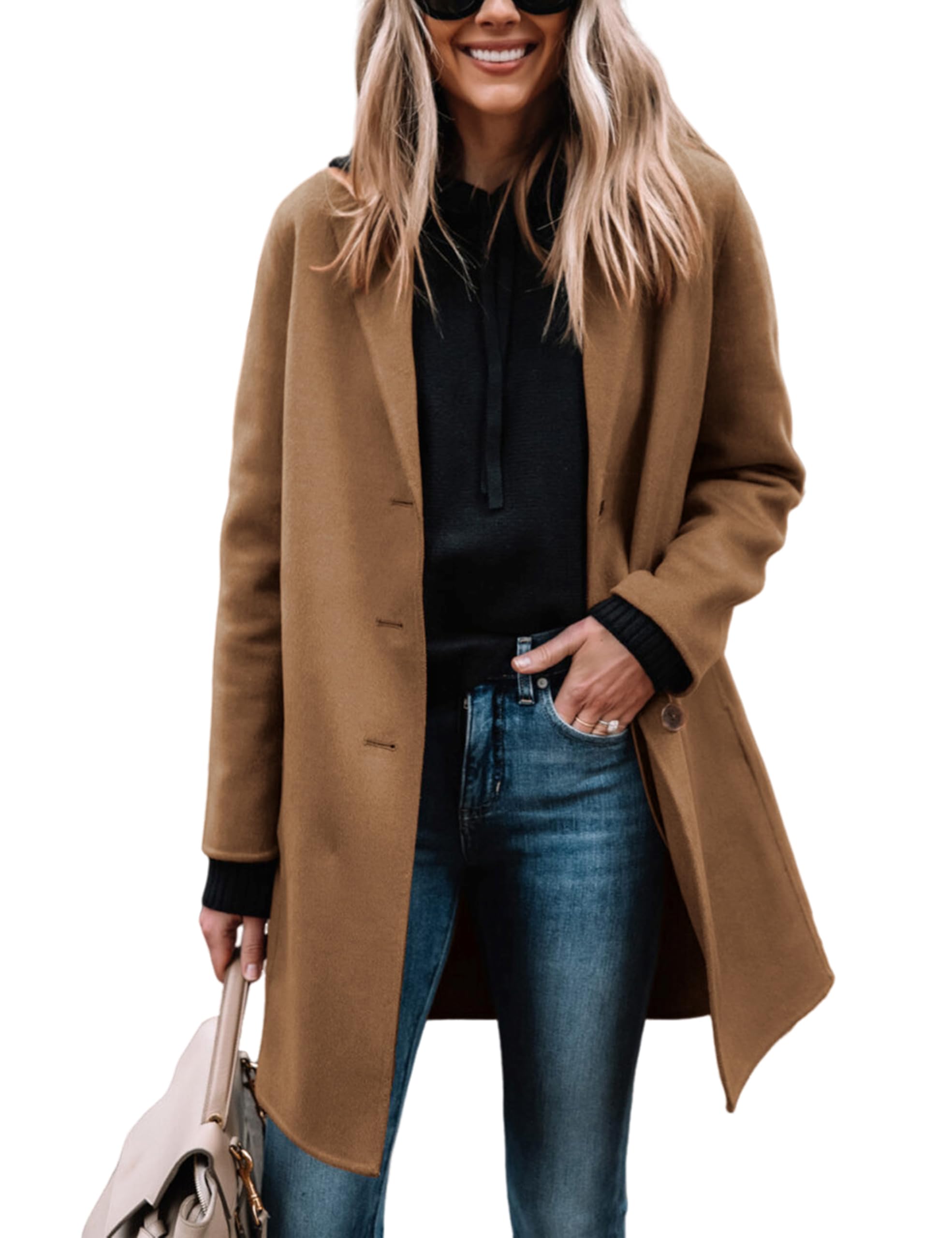 Yidarer Womens Wool Coat Mid-Length Notch Lapel Single Breasted Trench Pea Coats Casual Outerwear