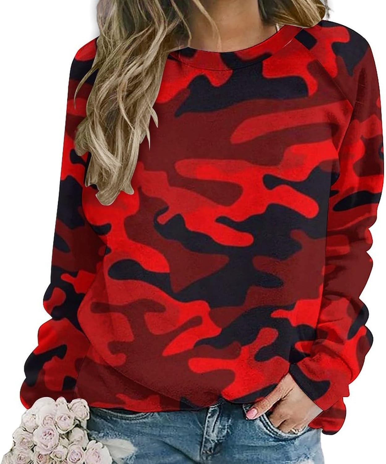 Red And Black Camouflage Womens Crewneck Sweatshirt Long Sleeve Casual Loose Fitting Tops