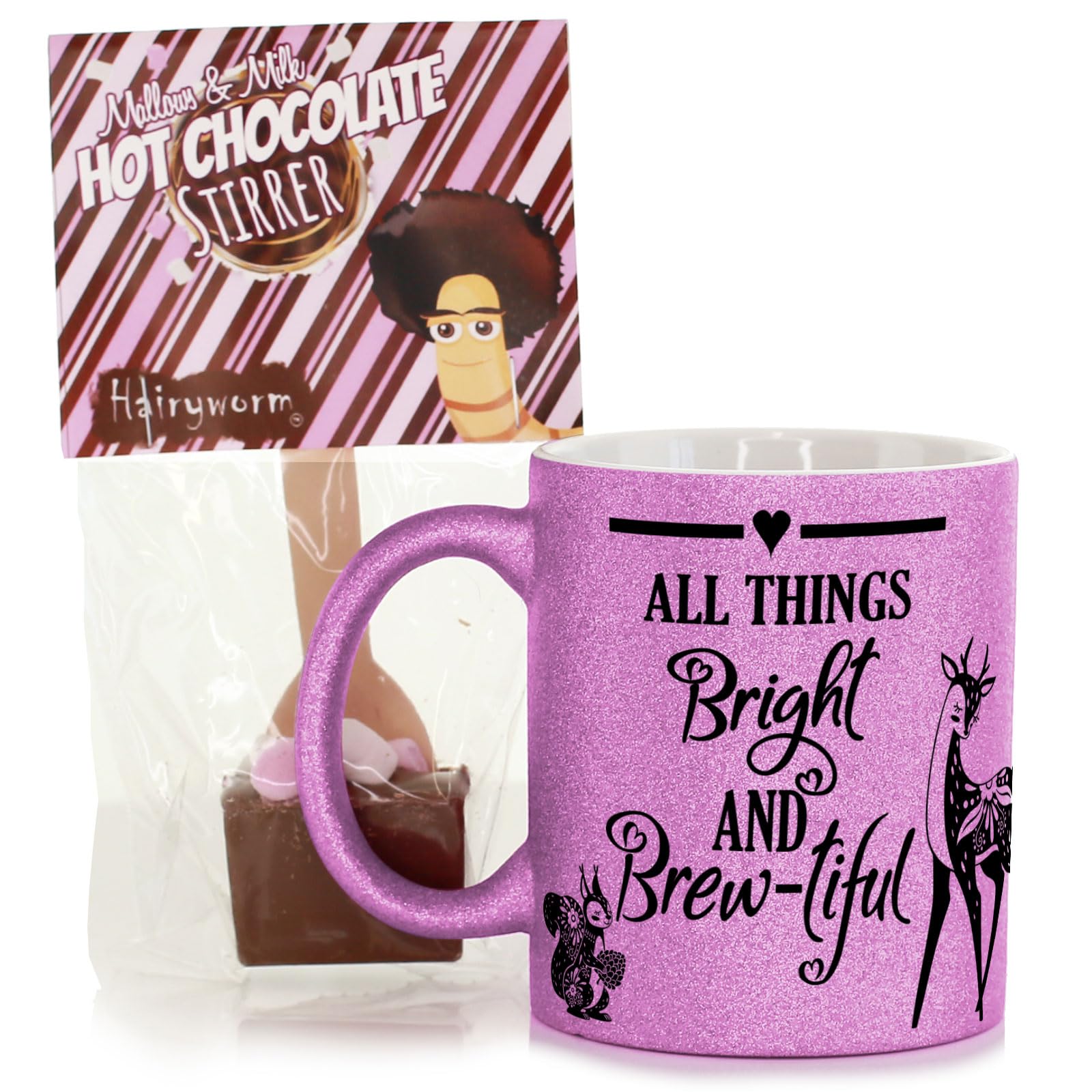 Hairyworm Personalised Pink Glitter Mug, All Things Bright and Brew-Tiful Design with Custom Name, Funny Personalised Coffee Mug, Pink Glitter Coffee Mug, Coffee Lovers Mug