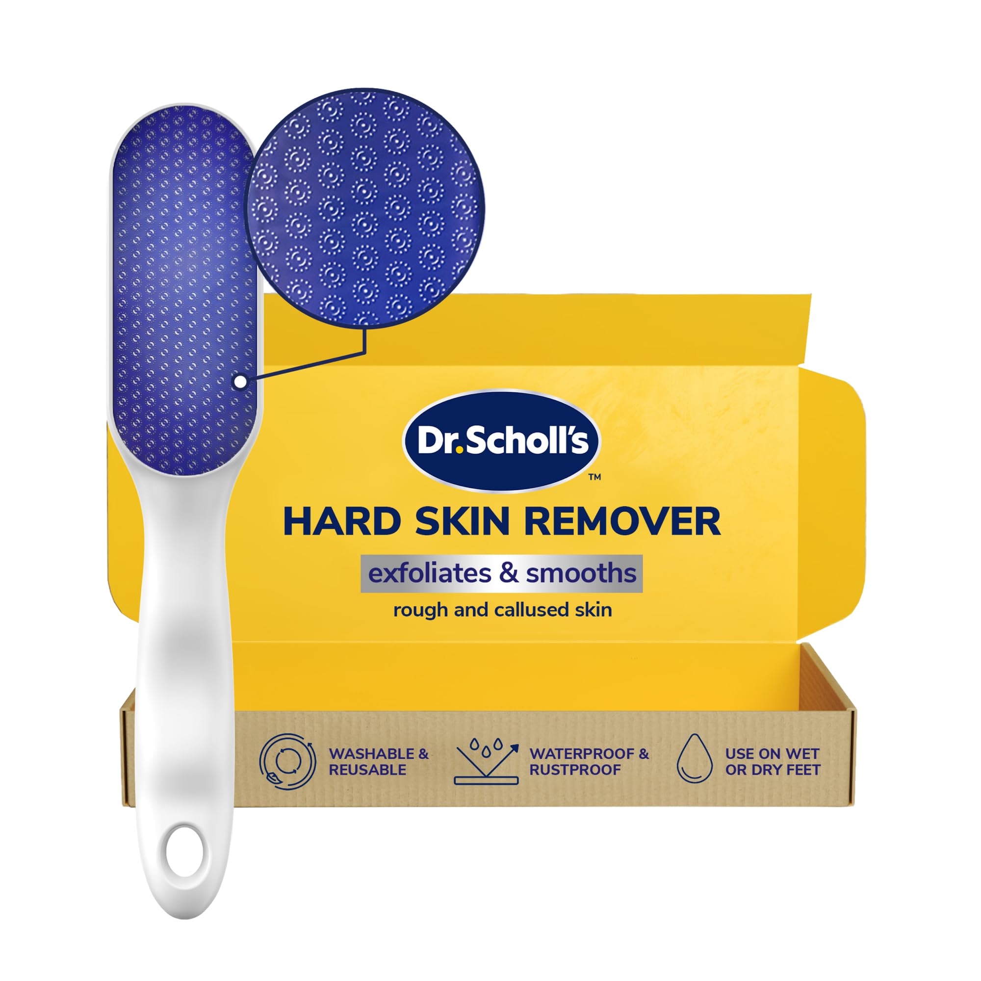 Dr. Scholl’s Nano Glass Foot File - Immediately Removes Hard Skin on Wet or Dry Feet, Waterproof & Rustproof, Gentle Dead Skin and Callus Remover, Pedicure Foot Scrubber for Shower, Soft-Grip Handle