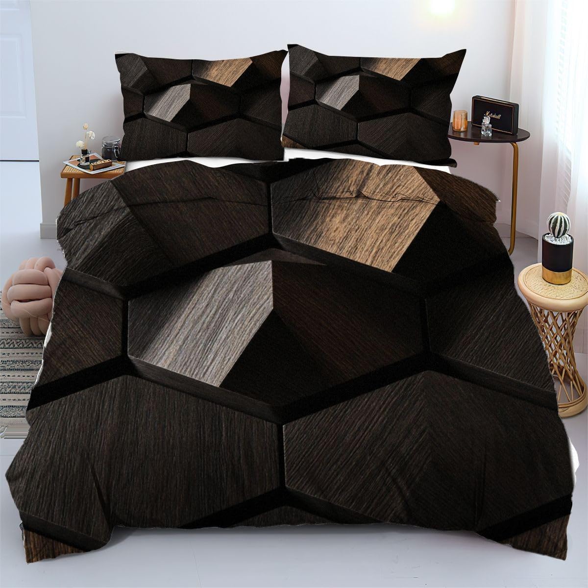 Ensemble de literie 140x200 cm hexagone marron avec fermeture éclair cachée pour lit enfant