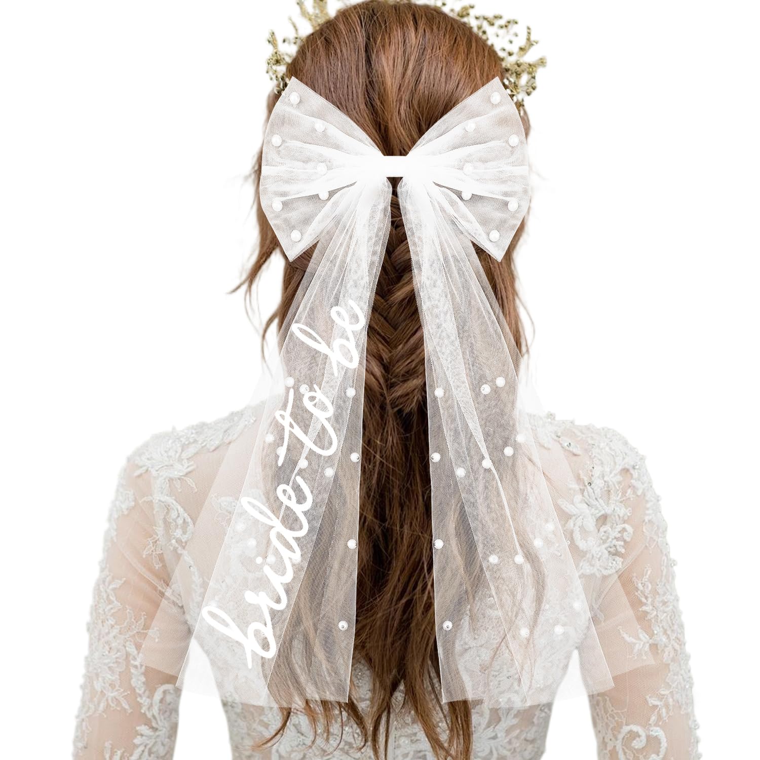 Bride to Be Veil with Bow and Pearls, Hen Do Accessories, Lightweight Netting Bridal Veil, Clip-On Bride to Be Hen Party Decoration for Bachelorette, Wedding, Engagement