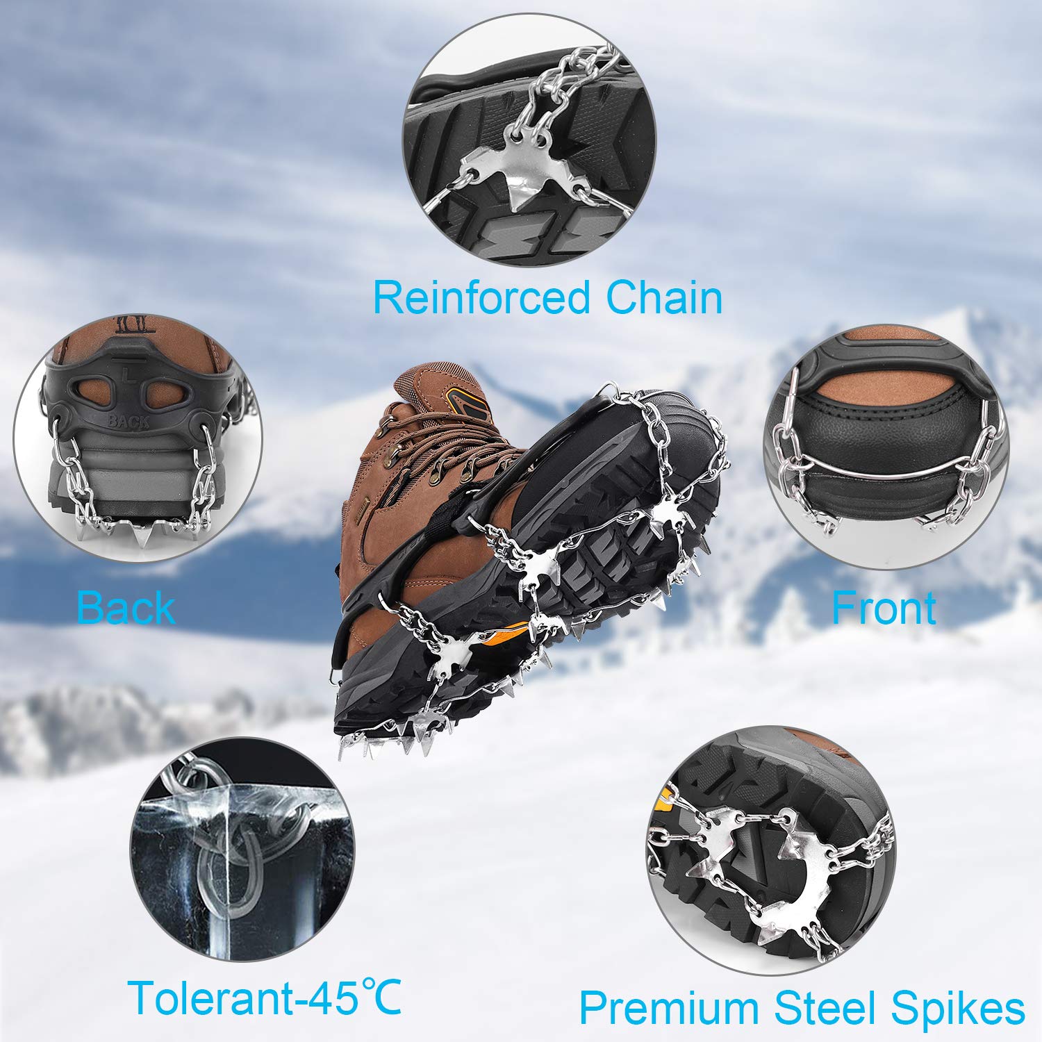 Crampons Stijgijzers Antislip IJspikes Met 19 Roestvrijstalen Spikes Tractie Grip Voor Laarzen En Schoenen Dames Heren Veilig Wandelen Hiken Ijsvisserij Black L 3202775432
