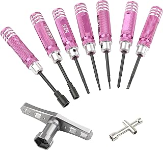 Rchobbytop 9pcs Mini Screwdrivers Nut Driver Tool Kit 1.5mm 2.0mm 2.5mm Hex Driver 4mm 5.5mm Nut Driver 0#+ 1#- Slot Screw Drivers 17mm Nut Wrench, Pink