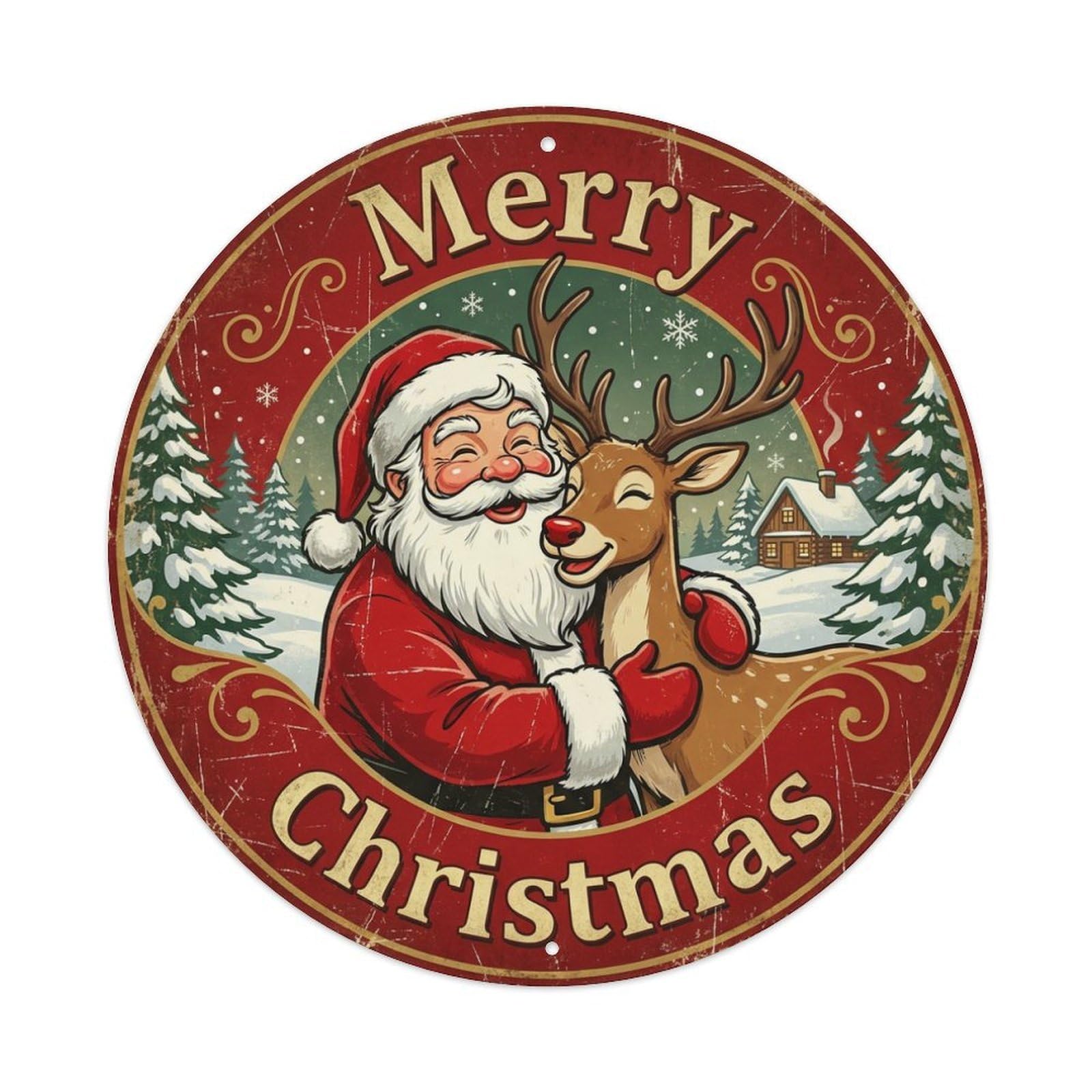 Merry Christmas Santa Reindeer Hug Metal Tin Sign