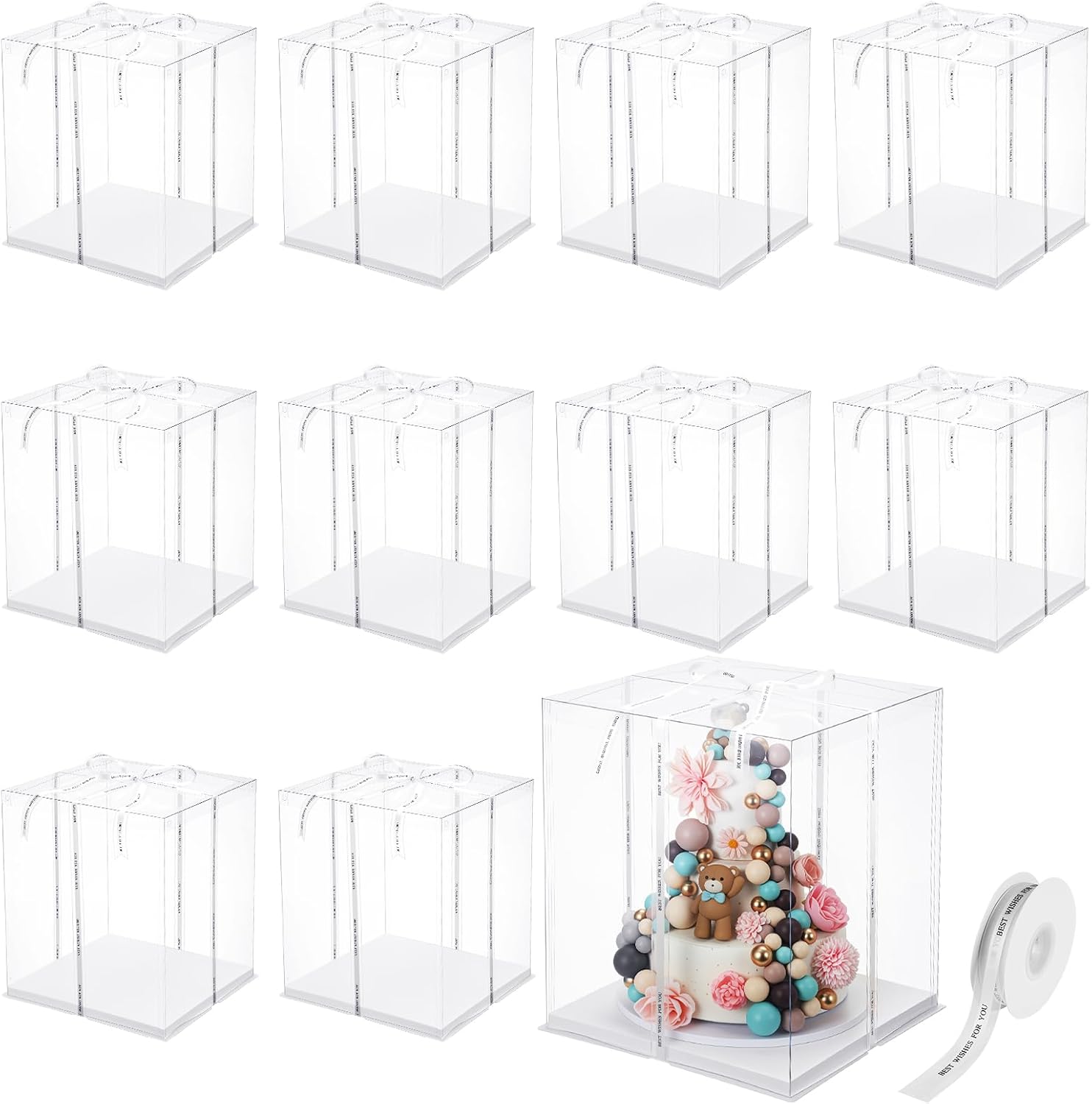 Maxdot 10 Pcs Transparent Tall Cake Boxes 13.4" x 13.4" x 16" Large Clear Cake Box with Ribbon Cake Carrier PET Wedding Cake Storage Container Gift Boxes for Party Birthday Dessert Display (Beige)
