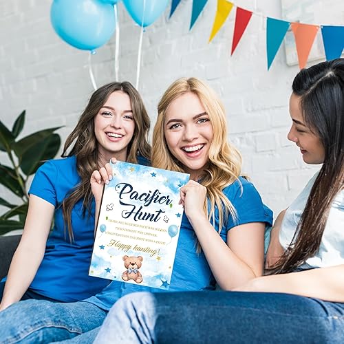 Vista 5 de Thyle Juego de 51 piezas de oso azul para baby shower, incluye letrero de caza con temática de oso neutro y 50 chupetes acrílicos para decoración