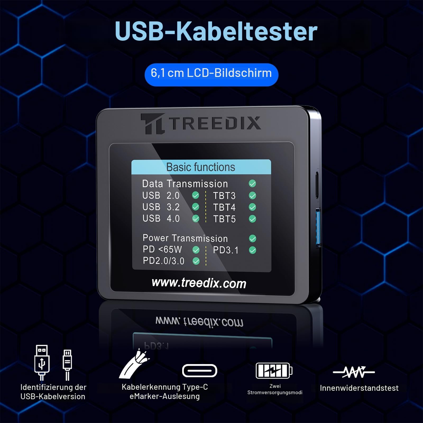 Treedix Kabeltester, USB-Kabeltester, 6,1 cm Farbdisplay, USB-C-Widerstandstest, elektronischer Typ-C-Marker für Micro-B 2.0, Micro-B 3.0, Typ-C