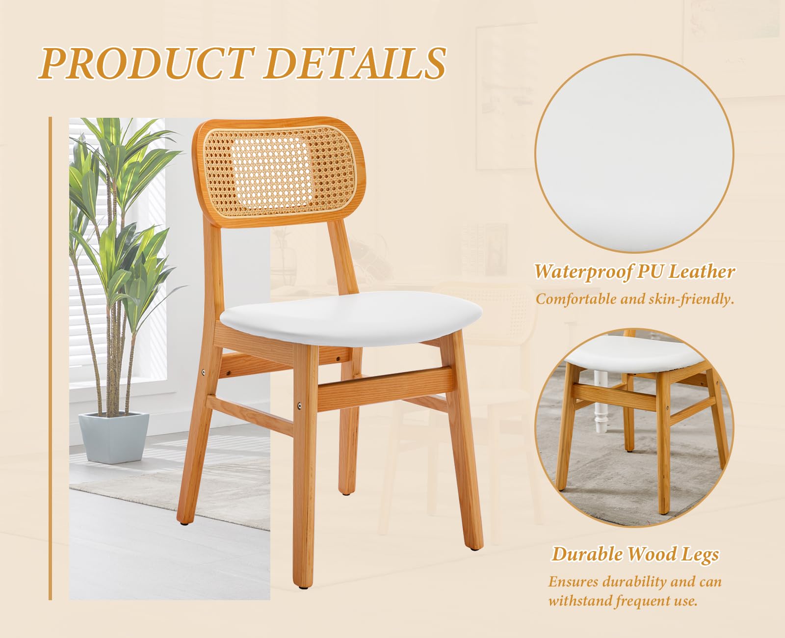 Ya-Home Lot de 2 Chaise de Salle à Manger en Rotin,Chaise de Cuisine,Blanc | Cuir PU avec Coussin et Dossier Confortable,Cadre en Boise,Fauteuil Rembourré,pour Cuisine/Restaurant