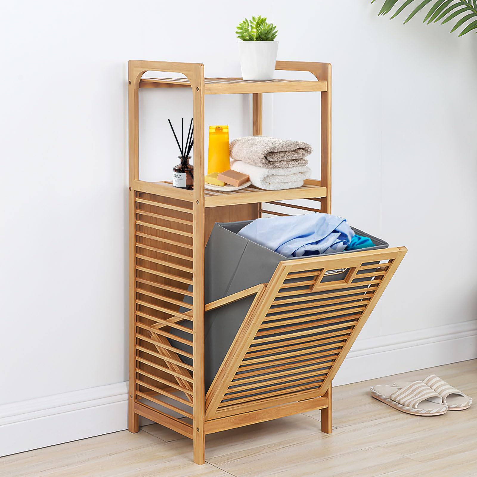 (DAMAGED) Tilt Out Laundry Hamper, Bamboo Laundry Hamper with Storage Shelves, Laundry Hamper Cabinet Tilt Out Basket with Removable Liner Bag