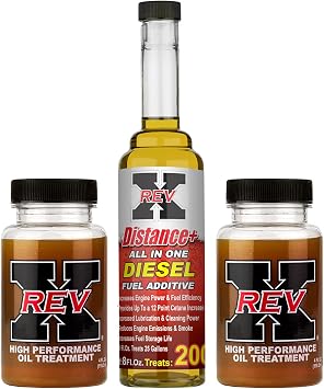 REV X Orginal Diesel Kit - High-Performance Oil Additive - 4 fl. oz. 2 Pack + Distance+ Diesel Fuel Additive 8 fl. oz.