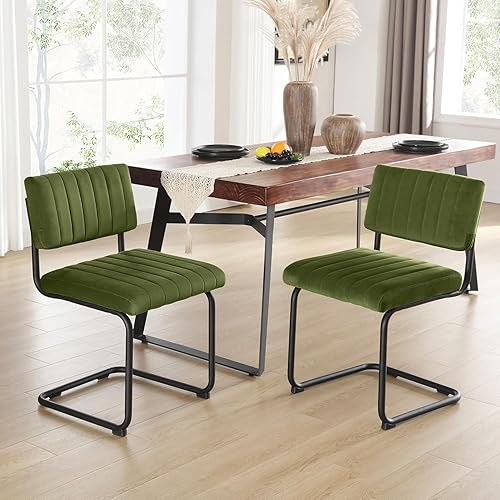 Miniatura 7 de ONEVOG Juego de 2 sillas de comedor modernas de mediados de siglo, sillas de cocina de terciopelo verde con respaldo copetudo, asiento ancho