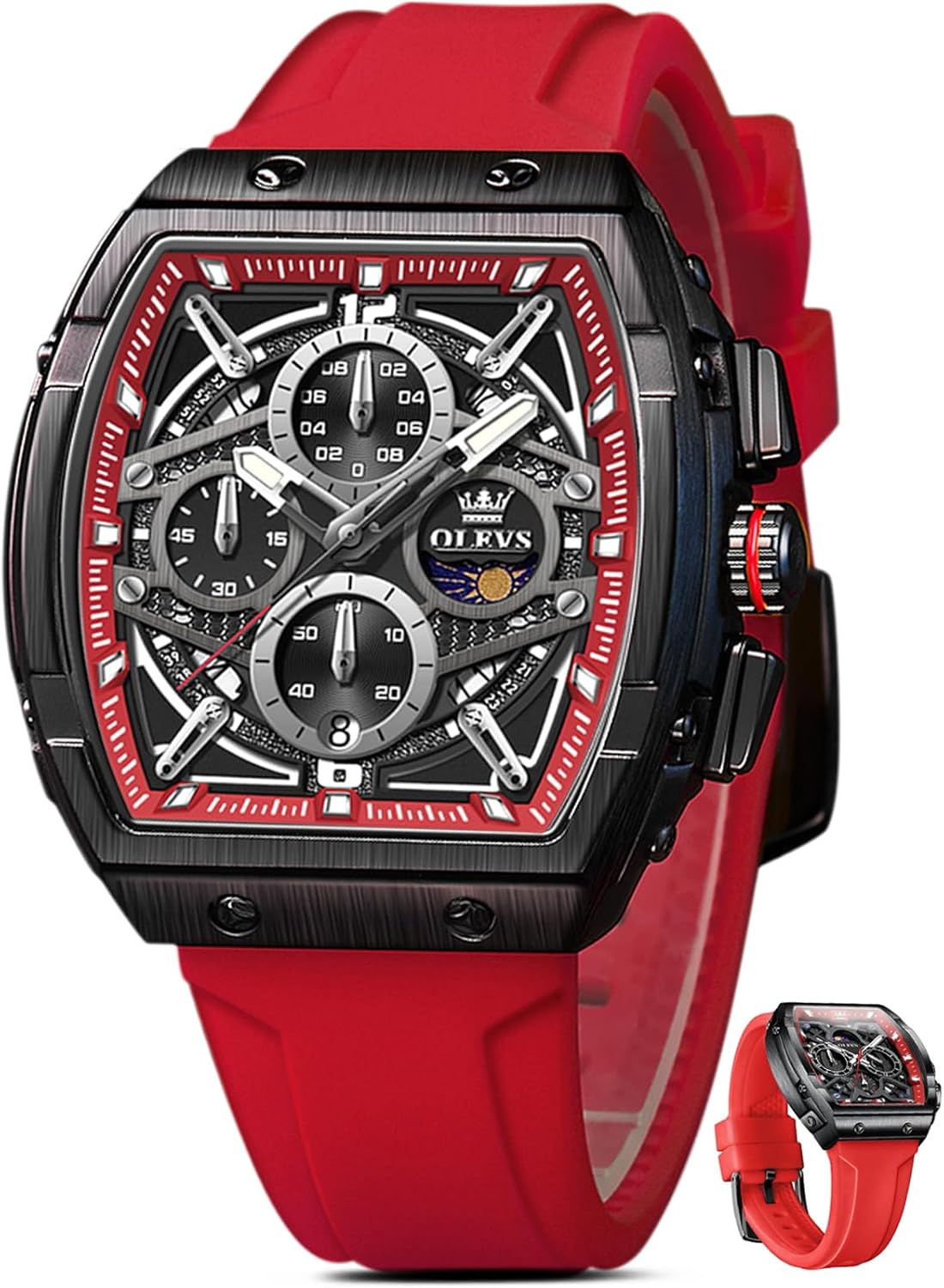 OLEVS Mens Watches Luxury,Silicon Strap Watches for Men,Chronograph Waterproof Business Large Face Tonneau Quartz Fashion Men’s Wrist Watch Dress Relojes para Hombres(Red/Yellow/Black/White Strap)