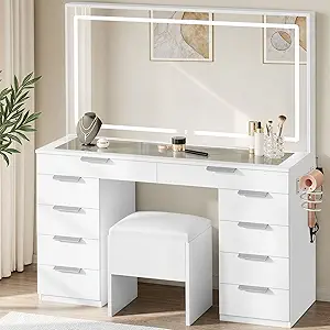 DWVO Vanity Desk Set with Mirror & Power Outlets, Vanity Table with 3 Dimmable Light Colors, 10 Drawers, Hair Dryer Rack – Modern Makeup Table with Hidden Storage Stool