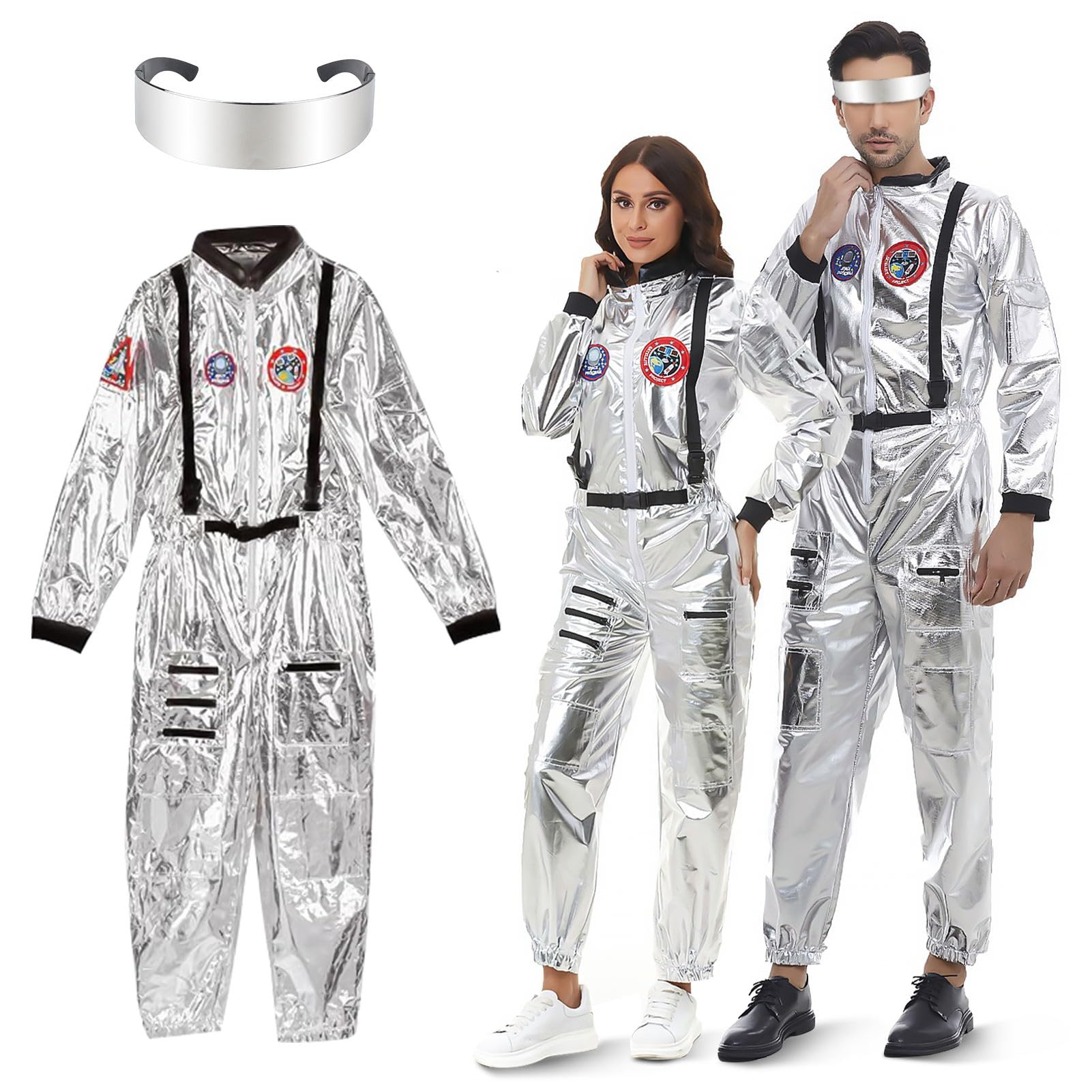 Meanju Disfraz unisex de astronauta, plateado con gafas, disfraz espacial para hombre y mujer, mono de astronauta, para cosplay, carnaval, disfraces de carnaval