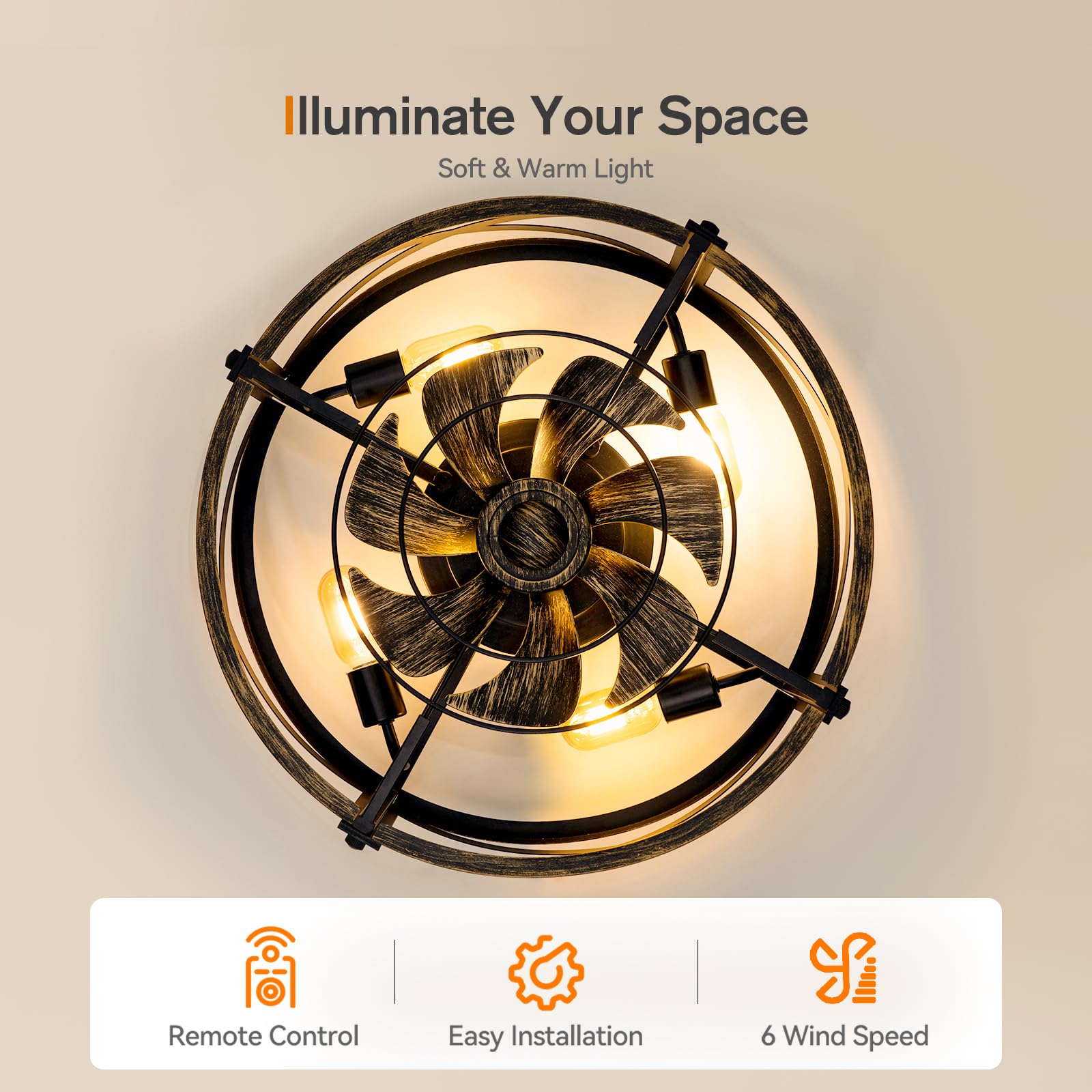 addlon 20 inch Farmhouse Flush Mount Ceiling Fans with Lights and Remote, Small Black Caged Low Profile Fandelier, 6 Speeds Bladeless Ceiling Fan for Bedroom, Kitchen, Living Room, Indoor - 3