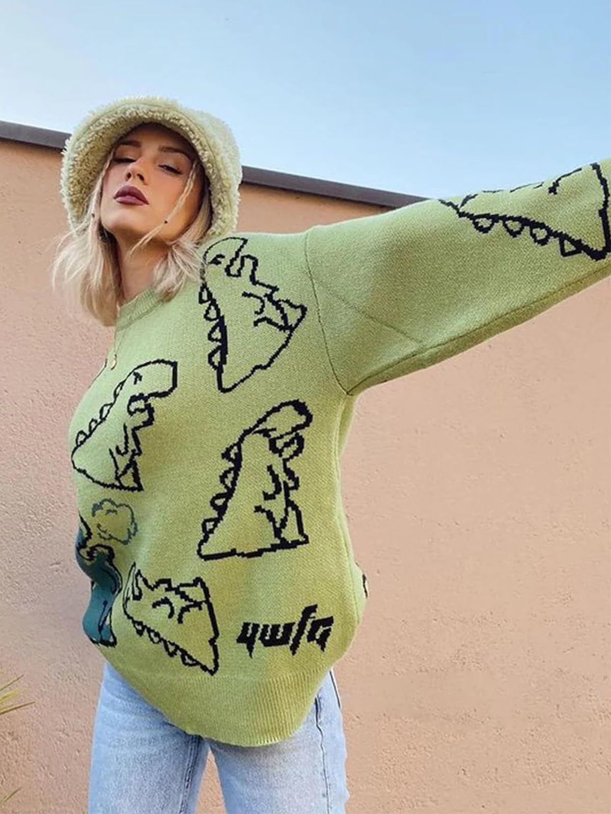 Aelfric Eden Herren Pullover Damen Strickpullover Oversize Cartoon Pulli Y2K Dinosaurier Sweater Langarm Winterpullover